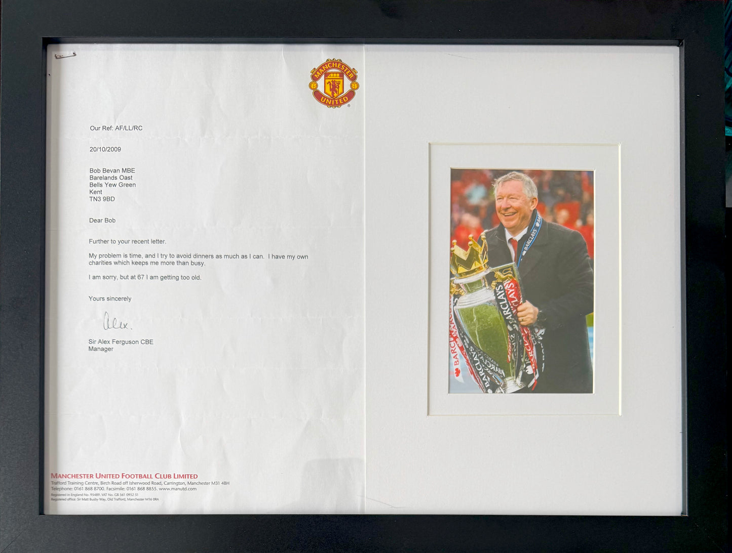 Sir Alex Ferguson, Manchester United Legend, Hand Signed Letter, Photo Presentation & COA