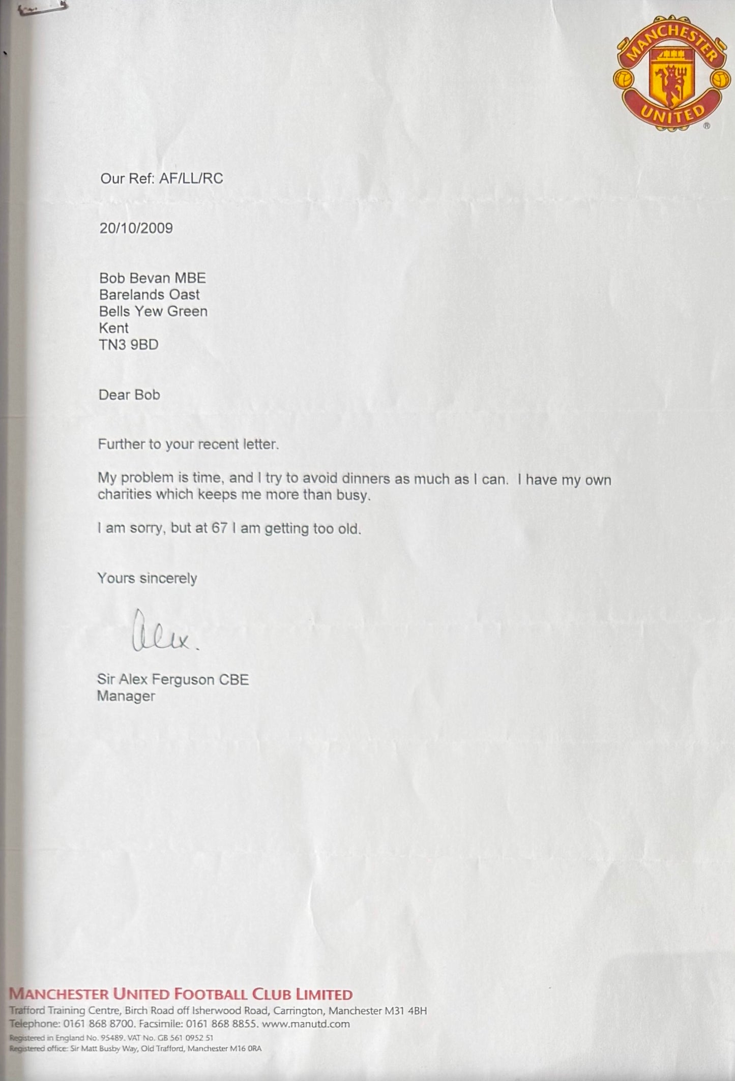 Sir Alex Ferguson, Manchester United Legend, Hand Signed Letter, Photo Presentation & COA