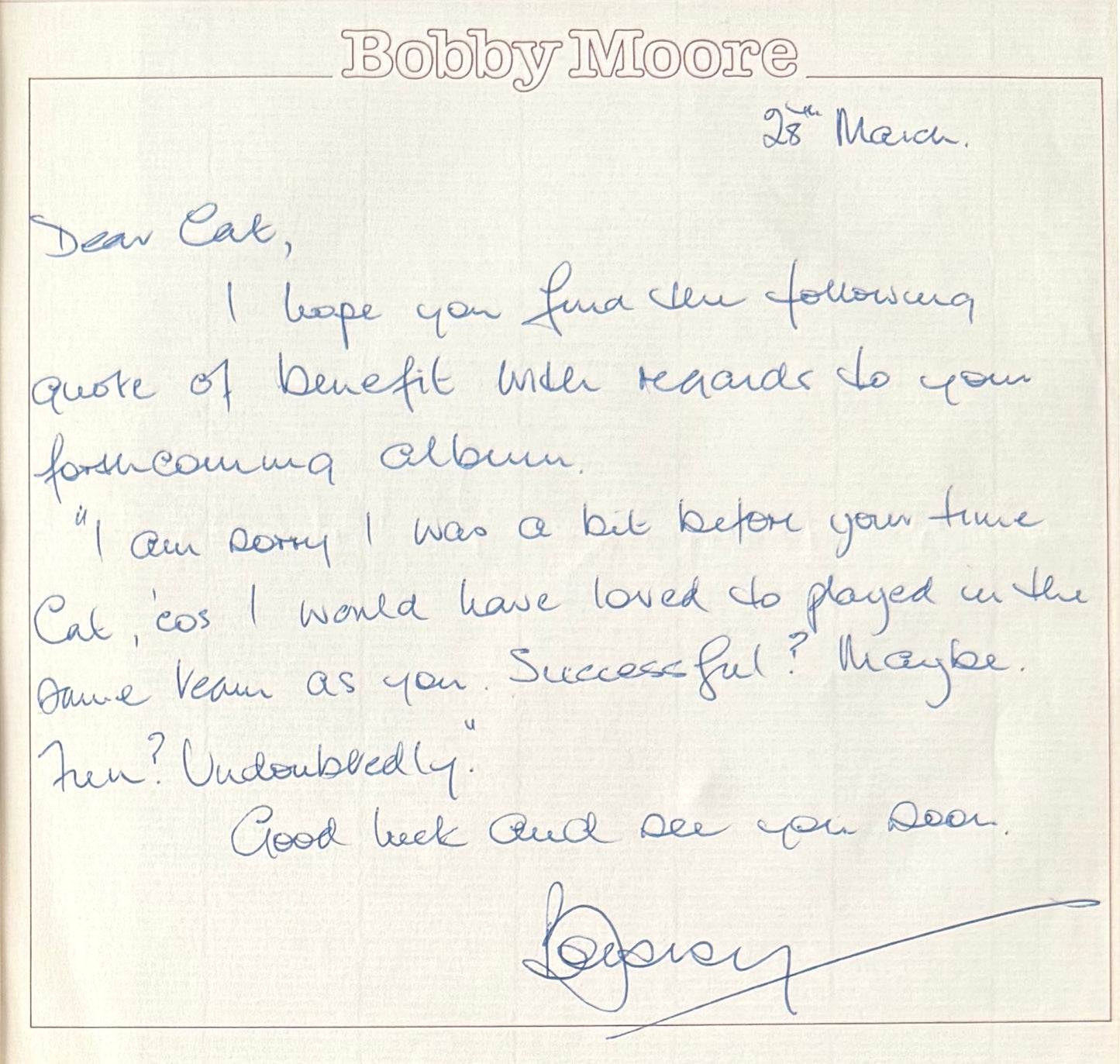 Bobby Moore, England 1966 Legend, Guaranteed Hand Signed Letter Presentation & COA