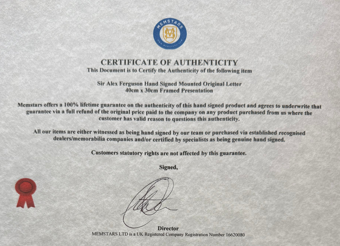Sir Alex Ferguson, Manchester United Legend, Hand Signed Letter, Photo Presentation & COA