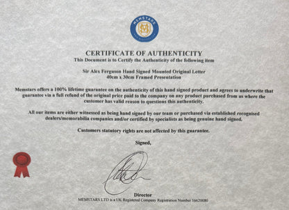 Sir Alex Ferguson, Manchester United Legend, Hand Signed Letter, Photo Presentation & COA