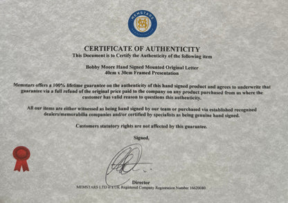 Bobby Moore, England 1966 Legend, Guaranteed Hand Signed Letter Presentation & COA