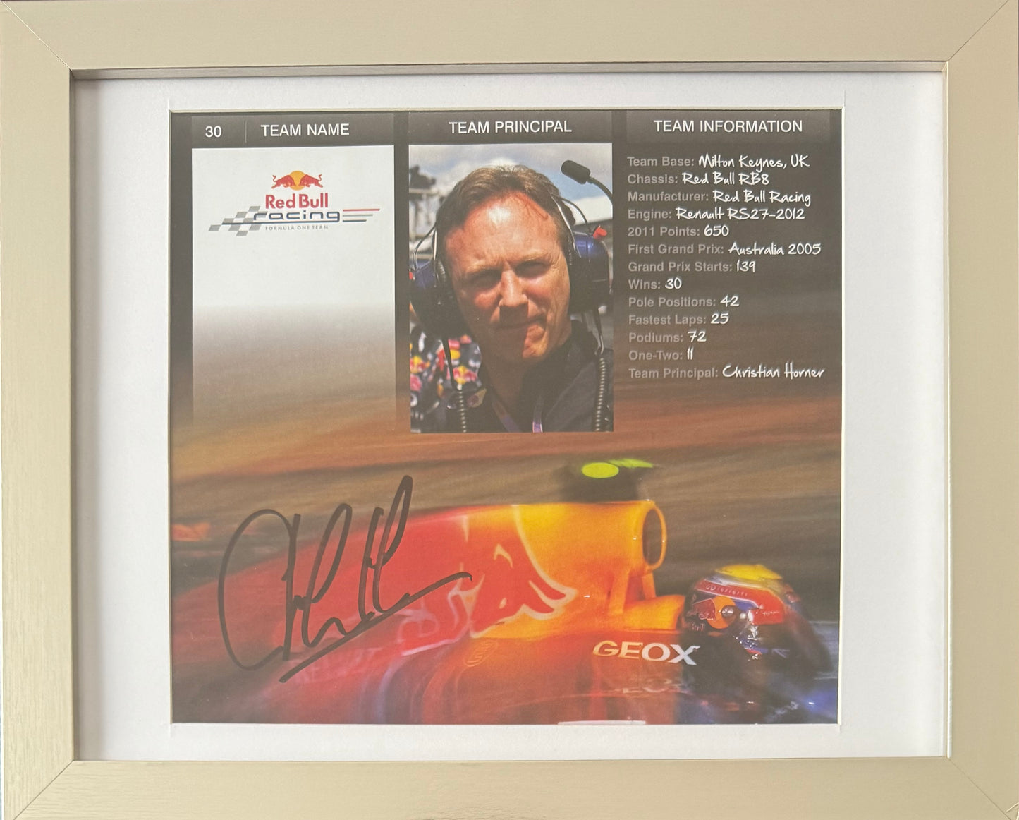 Christian Horner, Red Bull, Hand Signed Framed 25cm x 20cm, Magazine Photo & COA