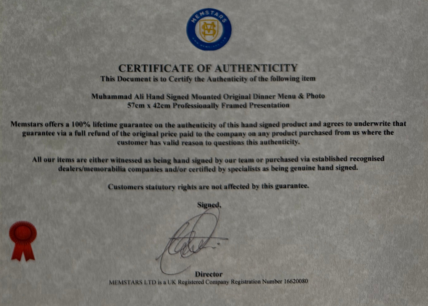 Muhammad Ali, 'The Greatest'. Hand Signed Mounted Dinner Menu Presentation & COA