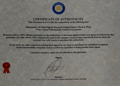 Muhammad Ali, 'The Greatest'. Hand Signed Mounted Dinner Menu Presentation & COA