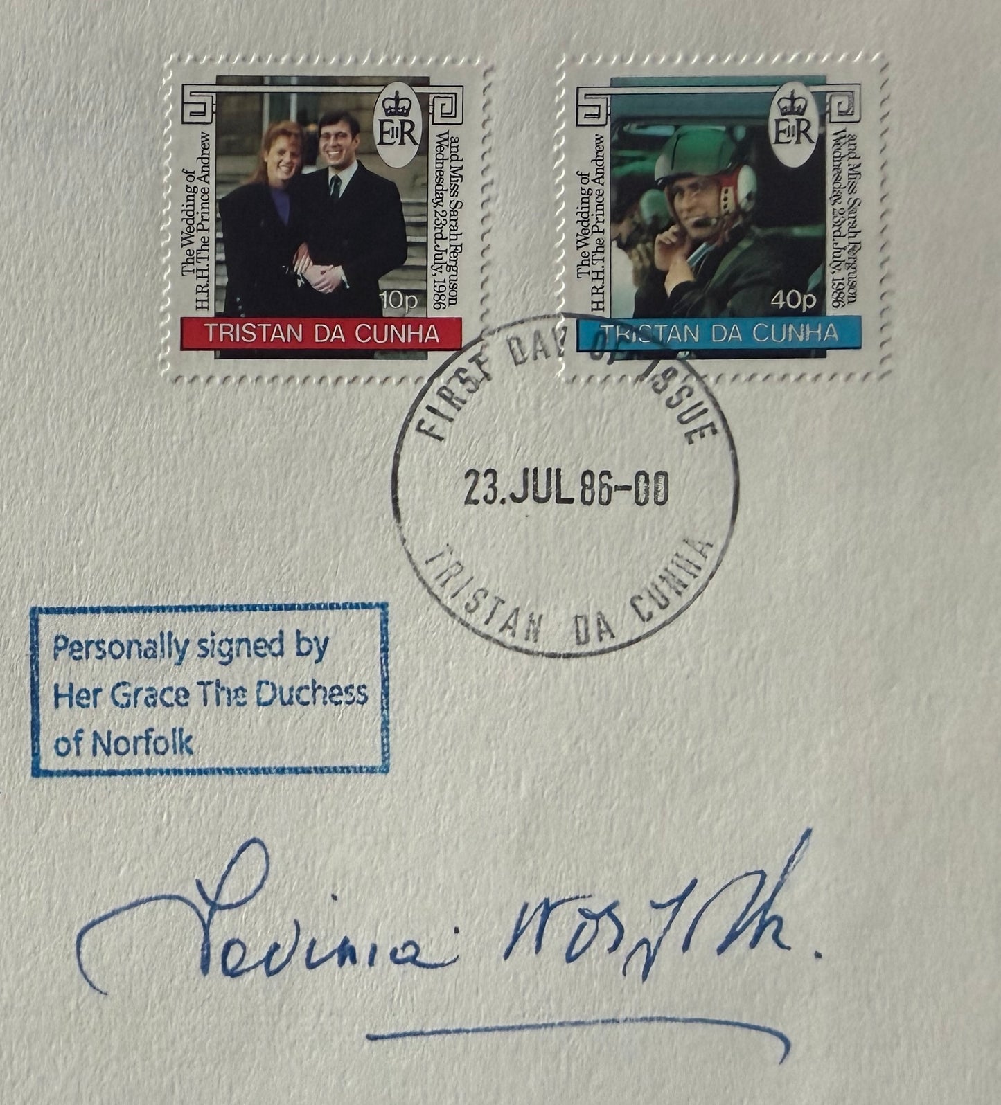 Lavinia Fitzalan-Howard, Duchess of Norfolk, Hand Signed 1986 Andrew and Fergie FDC