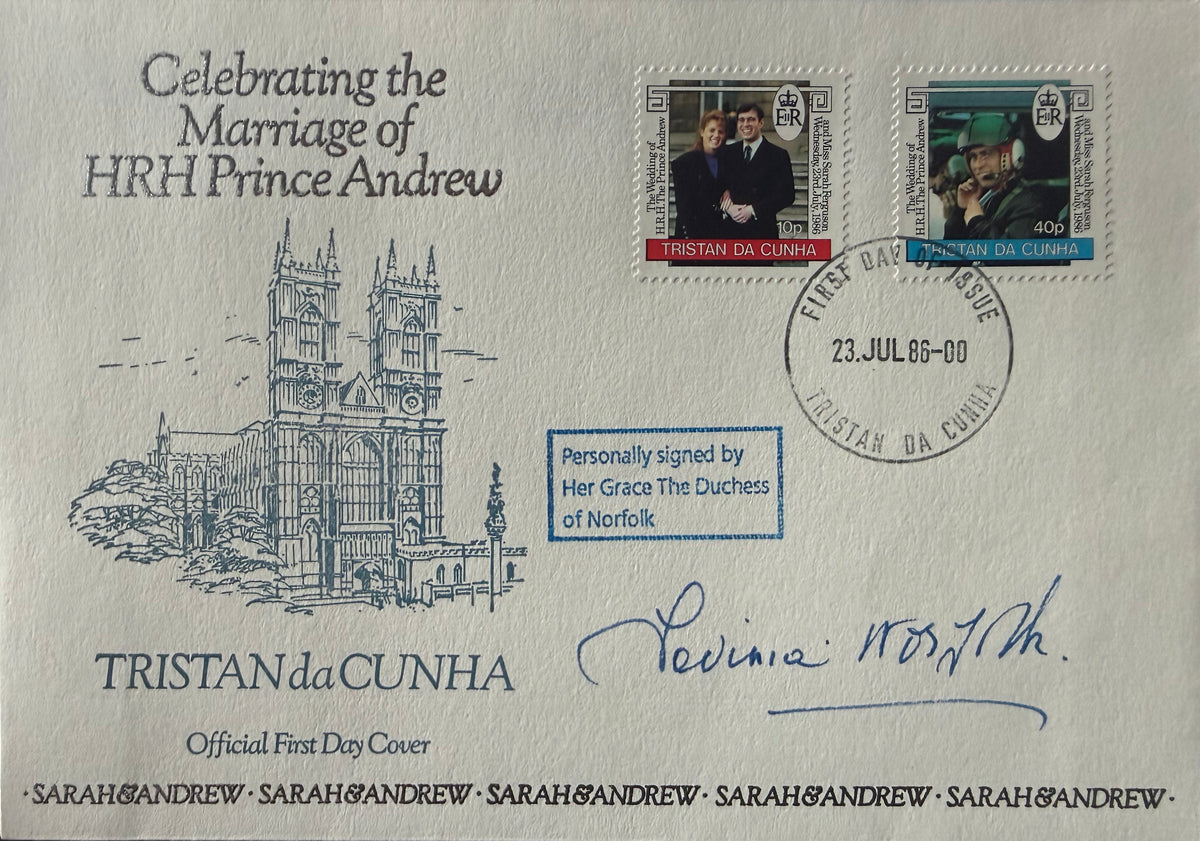 Lavinia Fitzalan-Howard, Duchess of Norfolk, Hand Signed 1986 Andrew and Fergie FDC