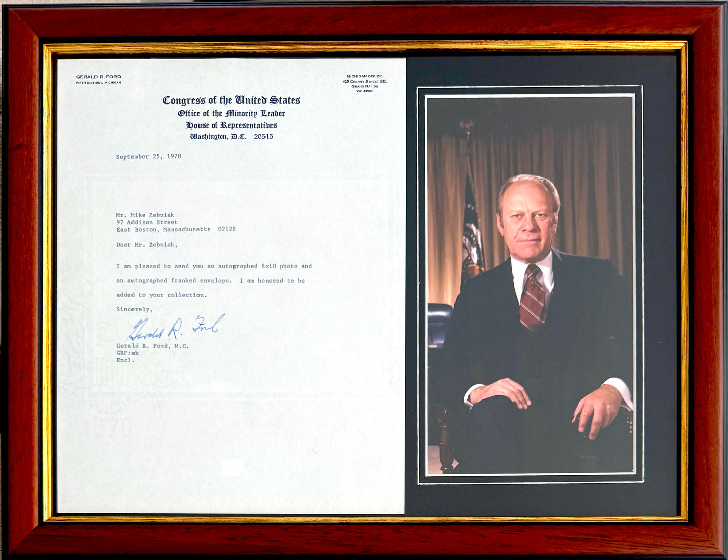 Gerald Ford, Former President, Hand Signed Letter & Photo Presentation, With COA