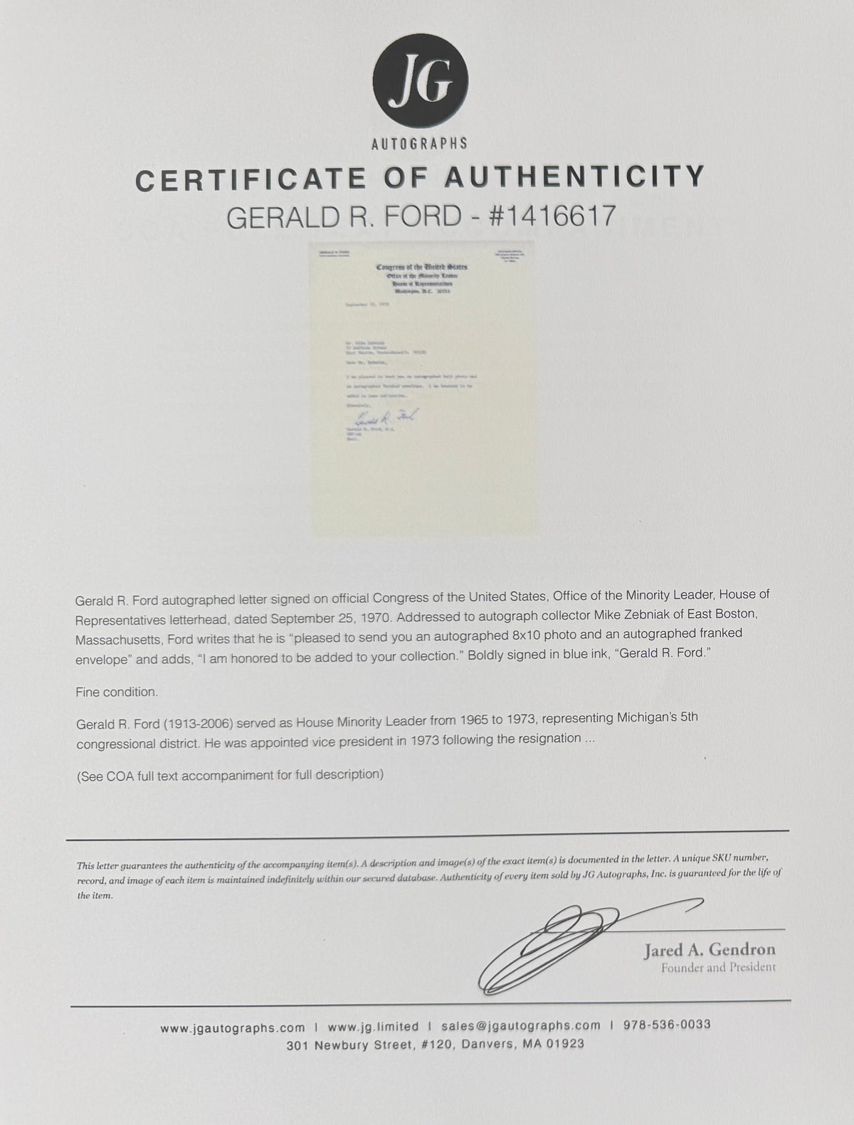 Gerald Ford, Former President, Hand Signed Letter & Photo Presentation, With COA