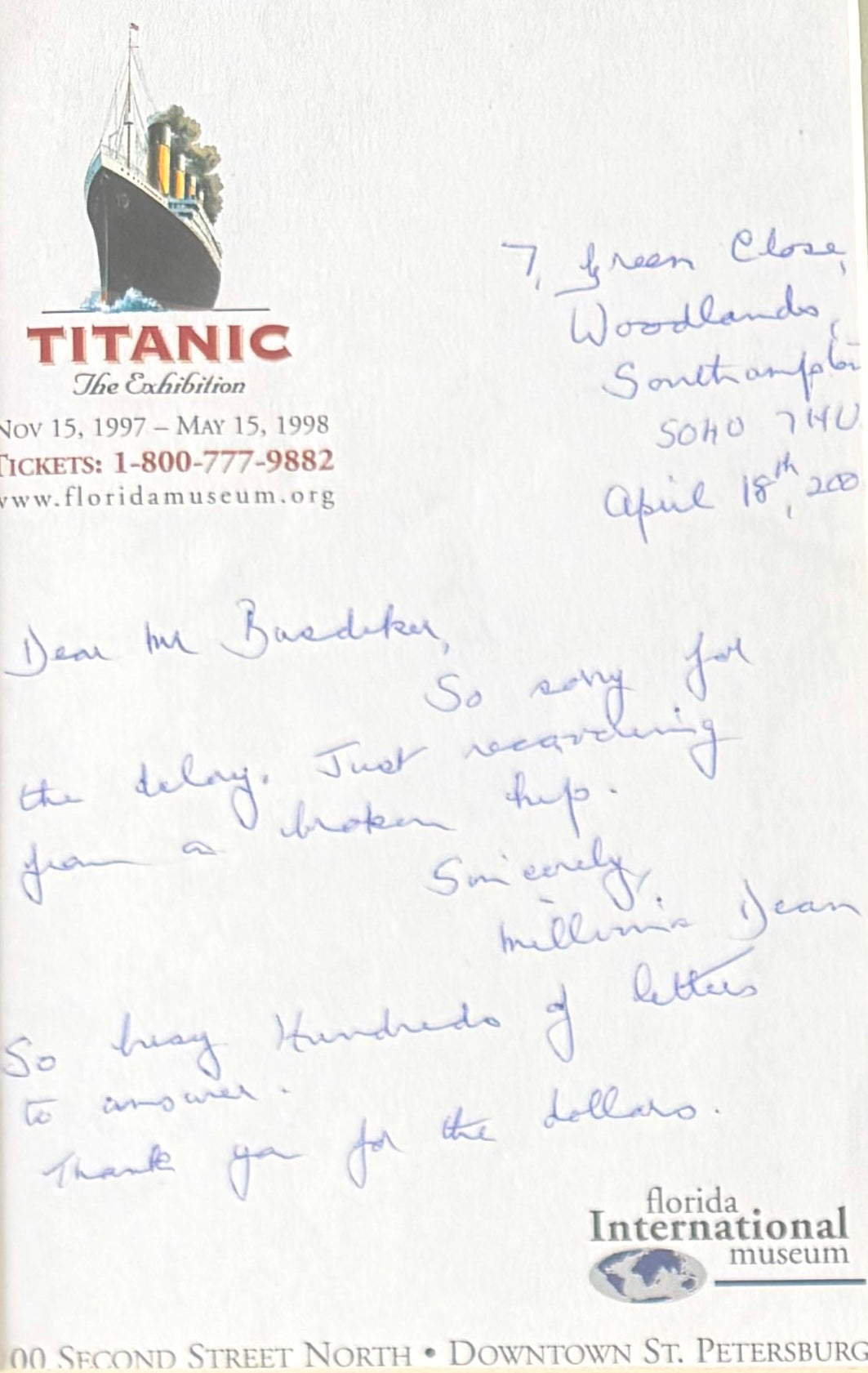 Millvina Dean, Titanic Survivor, Hand Signed Letter & Photo Presentation, With COA