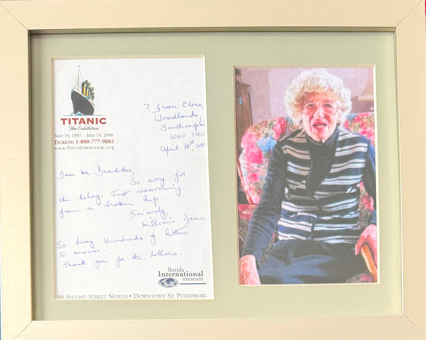 Millvina Dean, Titanic Survivor, Hand Signed Letter & Photo Presentation, With COA