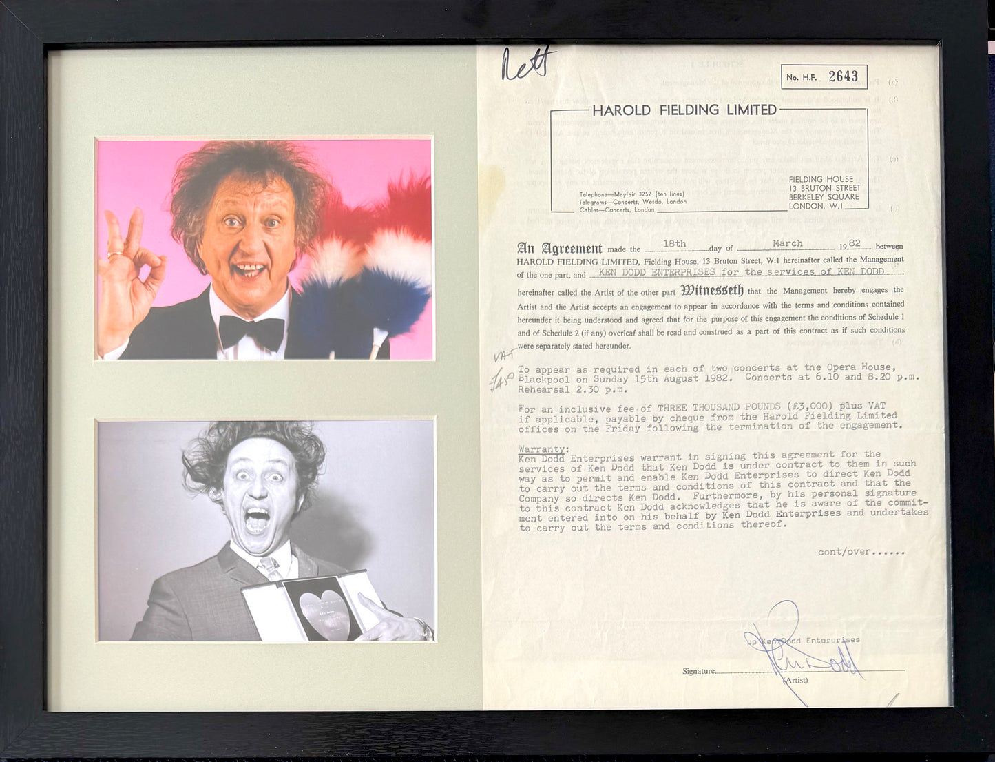 Ken Dodd, Hand Signed Framed 40cm x 30cm Original Contract & COA