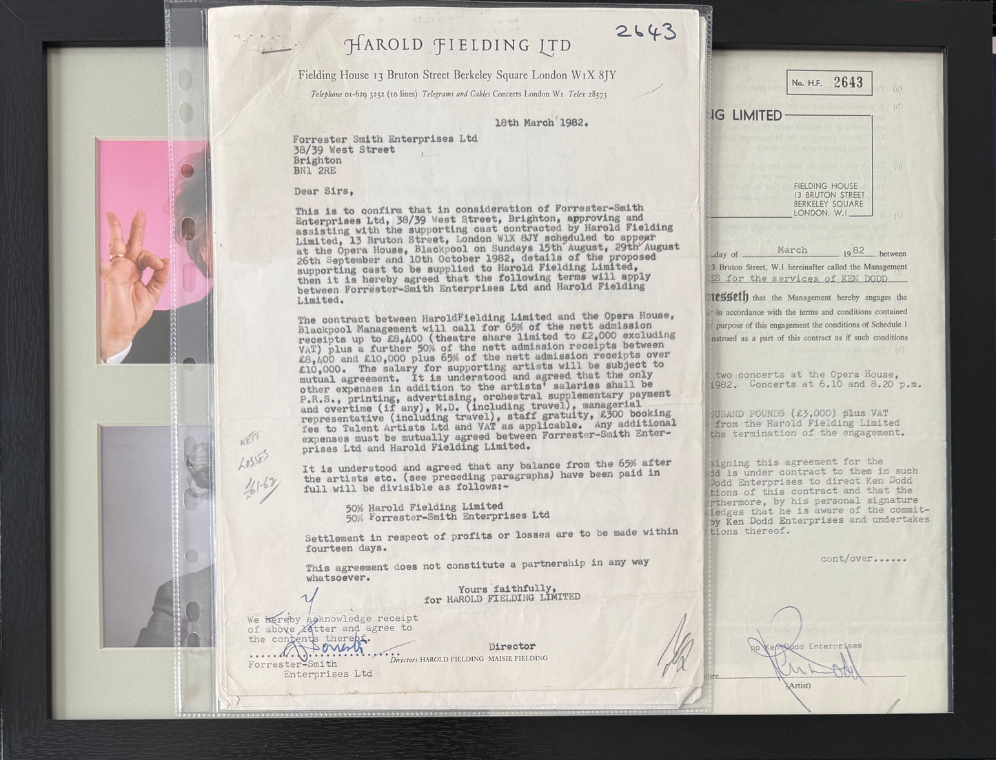 Ken Dodd, Hand Signed Framed 40cm x 30cm Original Contract & COA