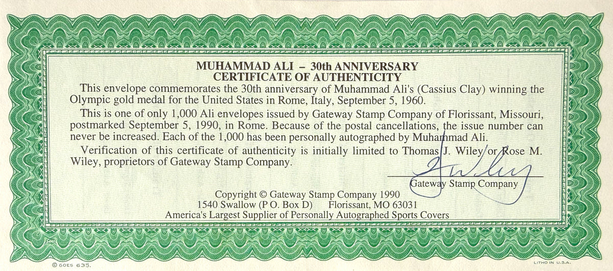Muhammad Ali, 'The Greatest'. Hand Signed Mounted FDC Presentation & COA