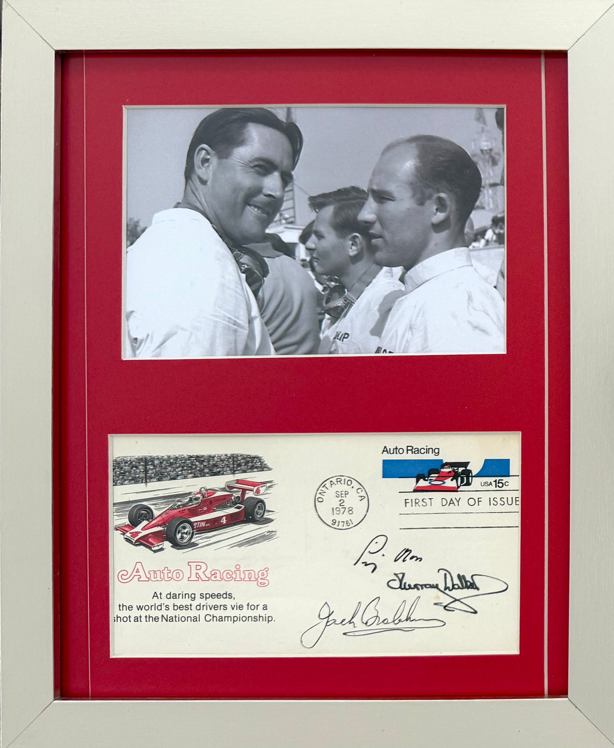Stirling Moss, Jack Brabham & Murray Walker, F1 Legends, Hand Signed Limited Edition First Day Cover (FDC) Presentation & AFTAL COA