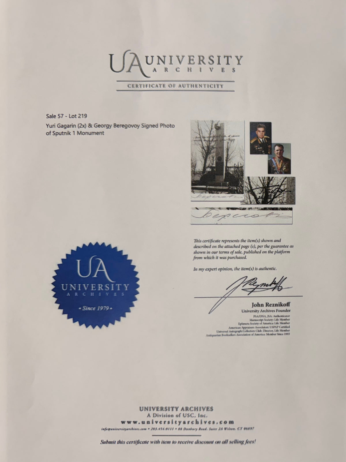 Yuri Gagarin, Georgy Beregovoy, Soviet Cosmonauts, Hand Signed Card & John Reznikoff COA