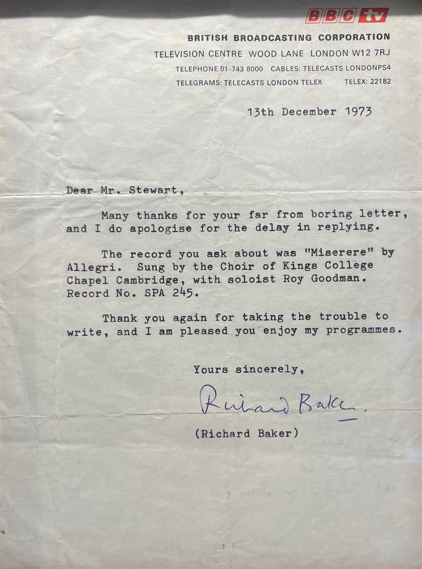 RICHARD BAKER HAND SIGNED FRAMED AND MOUNTED LETTER WITH COA