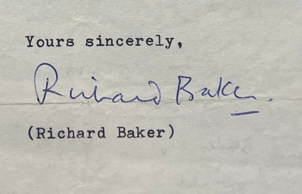 RICHARD BAKER HAND SIGNED FRAMED AND MOUNTED LETTER WITH COA