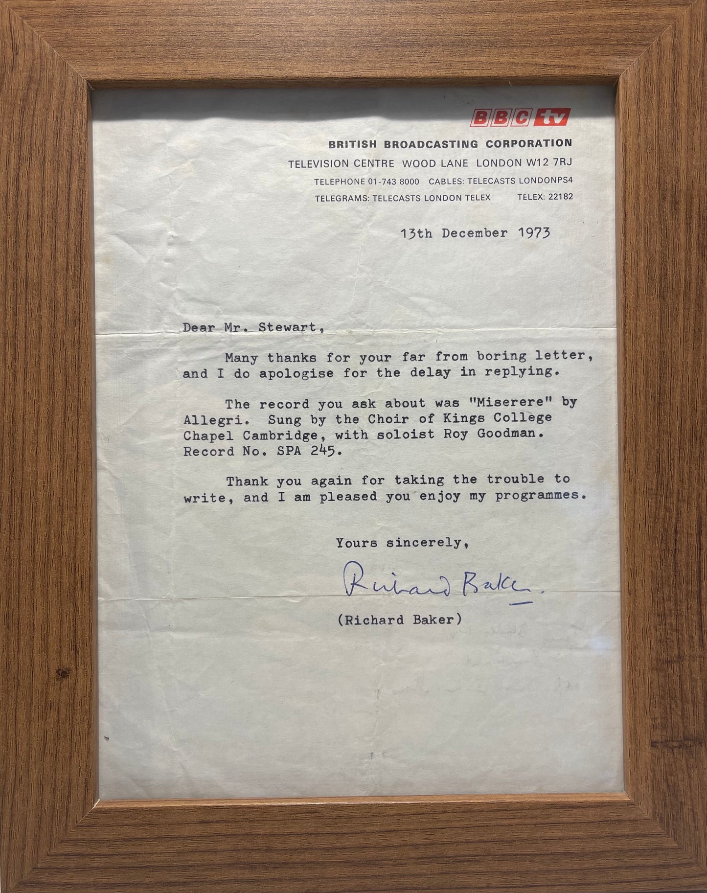 RICHARD BAKER HAND SIGNED FRAMED AND MOUNTED LETTER WITH COA