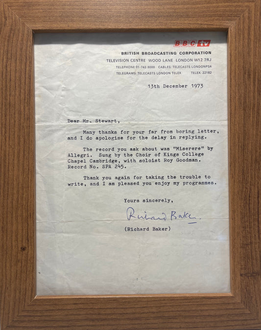 RICHARD BAKER HAND SIGNED FRAMED AND MOUNTED LETTER WITH COA