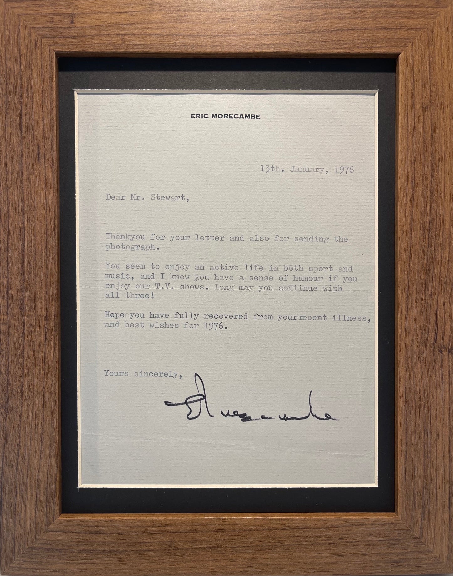 ERIC MORECAMBE HAND SIGNED FRAMED AND MOUNTED LETTER WITH COA