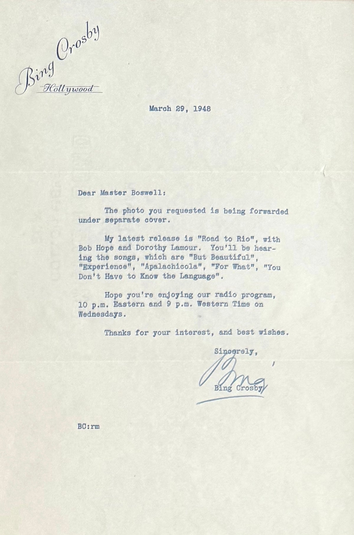 Bing Crosby, Hand Signed Letter Presentation - Framed 40cm x 30cm & COA