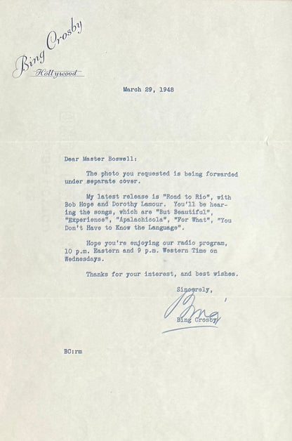 Bing Crosby, Hand Signed Letter Presentation - Framed 40cm x 30cm & COA