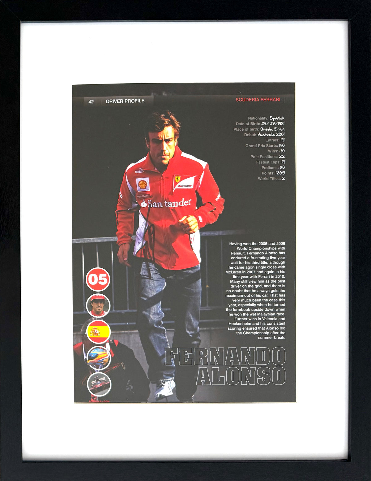 Fernando Alonso Ferrari - Hand Signed Framed Magazine Page & COA