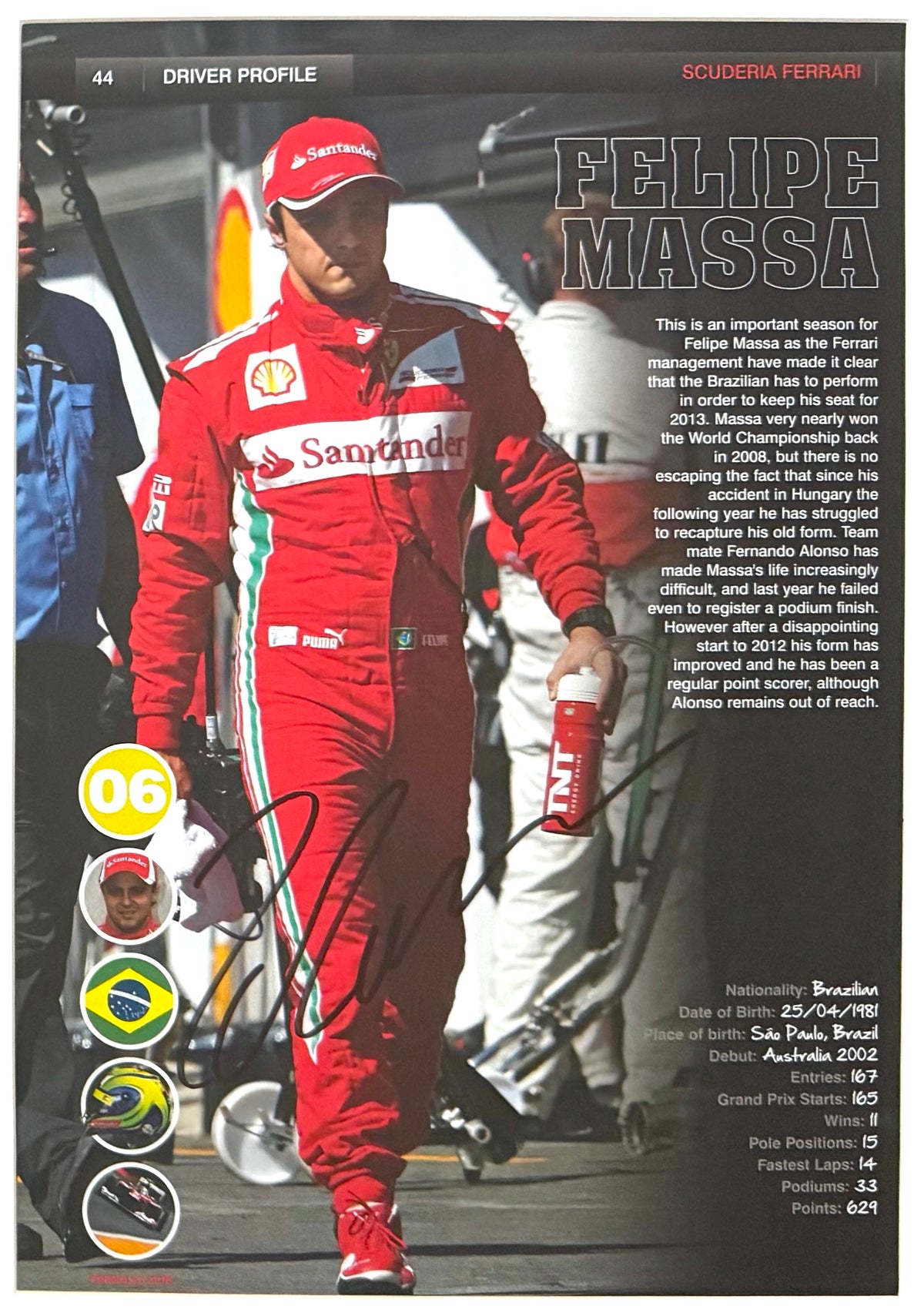 Felipe Massa, Williams, Ferrari - Hand Signed Framed Magazine Page & COA