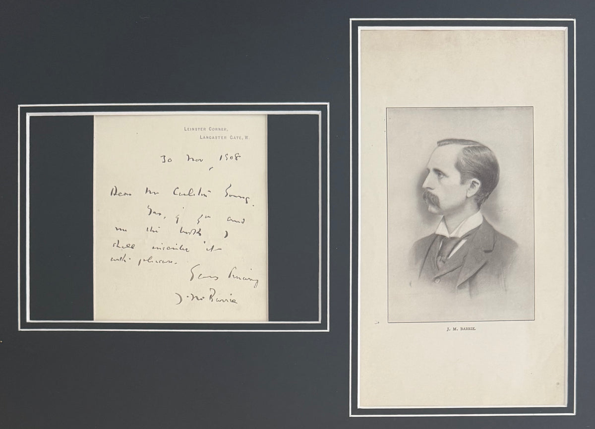 J.M. Barrie, Peter Pan Author, Guaranteed, Hand Signed Written Letter Presentation With COA
