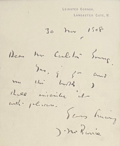 J.M. Barrie, Peter Pan Author, Guaranteed, Hand Signed Written Letter Presentation With COA