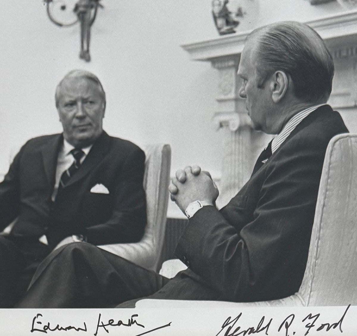 Gerald Ford, U.S President, Edward Heath, Prime Minister Dual Hand Signed Photo Presentation, With COA