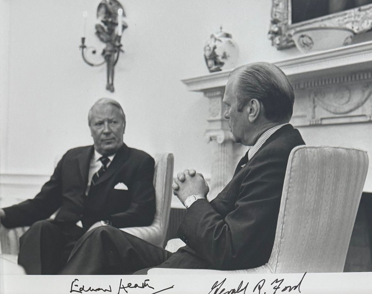 Gerald Ford, U.S President, Edward Heath, Prime Minister Dual Hand Signed Photo Presentation, With COA
