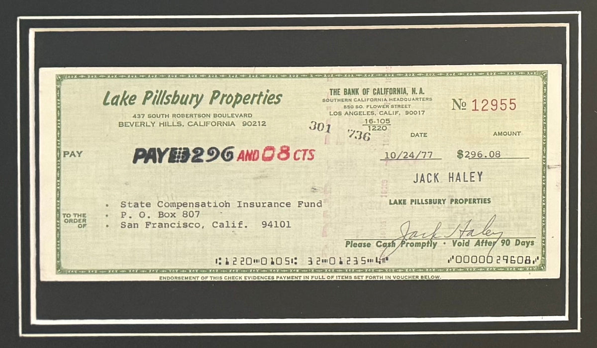 Jack Haley, 'Tin Man' Wizard of Oz, Hand Signed Framed Cheque Presentation & COA