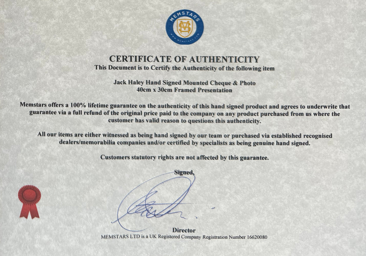Jack Haley, 'Tin Man' Wizard of Oz, Hand Signed Framed Cheque Presentation & COA
