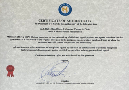 Jack Haley, 'Tin Man' Wizard of Oz, Hand Signed Framed Cheque Presentation & COA