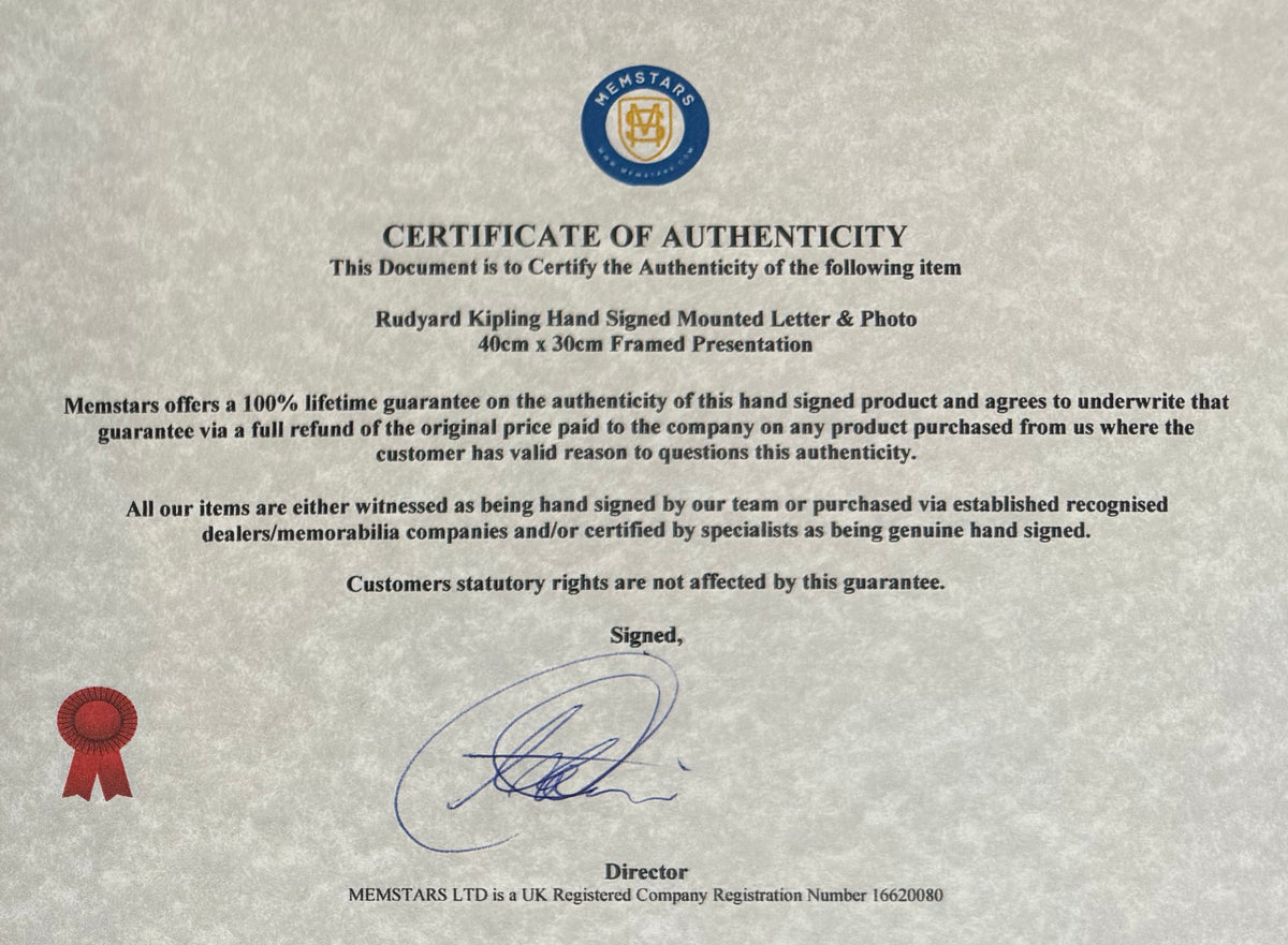 Rudyard Kipling, Jung Book Author, Guaranteed, Hand Signed Written Letter Presentation With COA