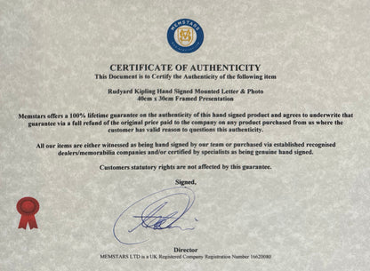 Rudyard Kipling, Jung Book Author, Guaranteed, Hand Signed Written Letter Presentation With COA