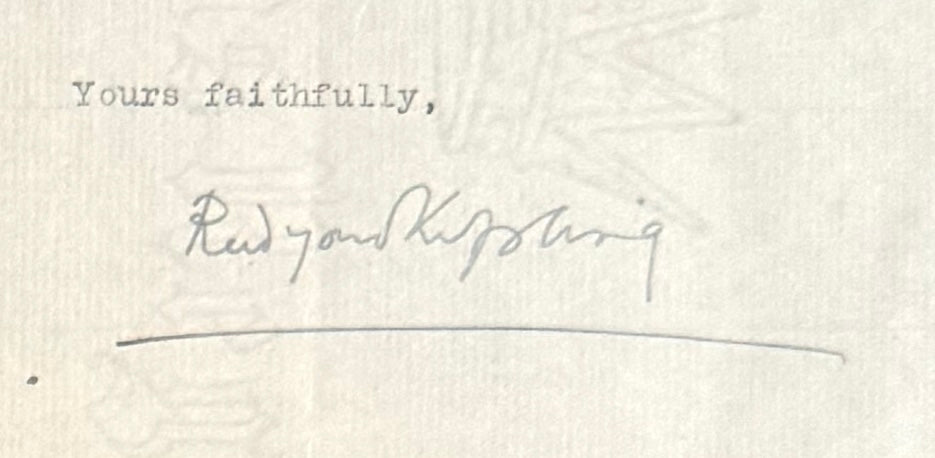 Rudyard Kipling, Jung Book Author, Guaranteed, Hand Signed Written Letter Presentation With COA