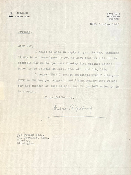 Rudyard Kipling, Jung Book Author, Guaranteed, Hand Signed Written Letter Presentation With COA
