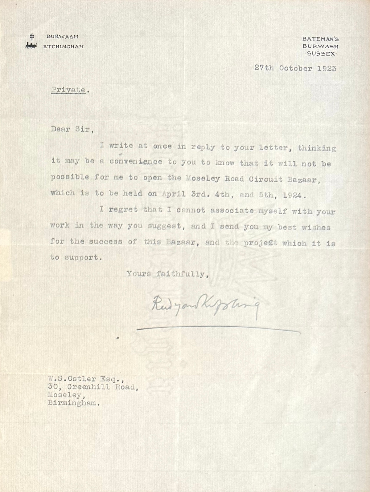 Rudyard Kipling, Jung Book Author, Guaranteed, Hand Signed Written Letter Presentation With COA