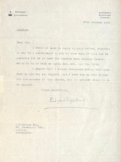 Rudyard Kipling, Jung Book Author, Guaranteed, Hand Signed Written Letter Presentation With COA