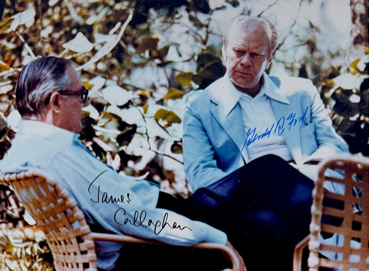 Gerald Ford, U.S President, James Callaghan, Prime Minister Dual Hand Signed Photo Presentation, With COA