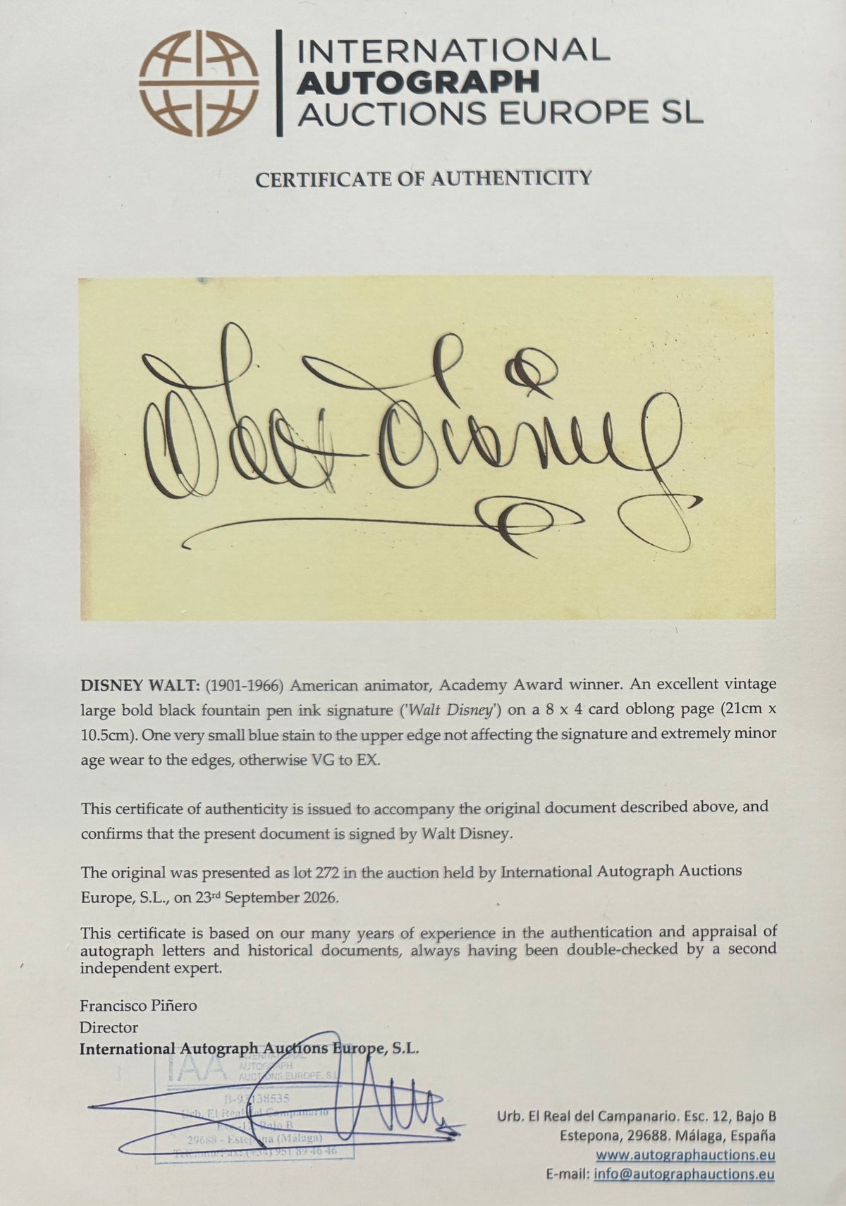 Walt Disney, SUPER RARE Hand Signed Framed Mounted Original Card With IAAE COA