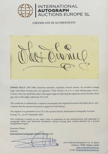 Walt Disney, SUPER RARE Hand Signed Framed Mounted Original Card With IAAE COA