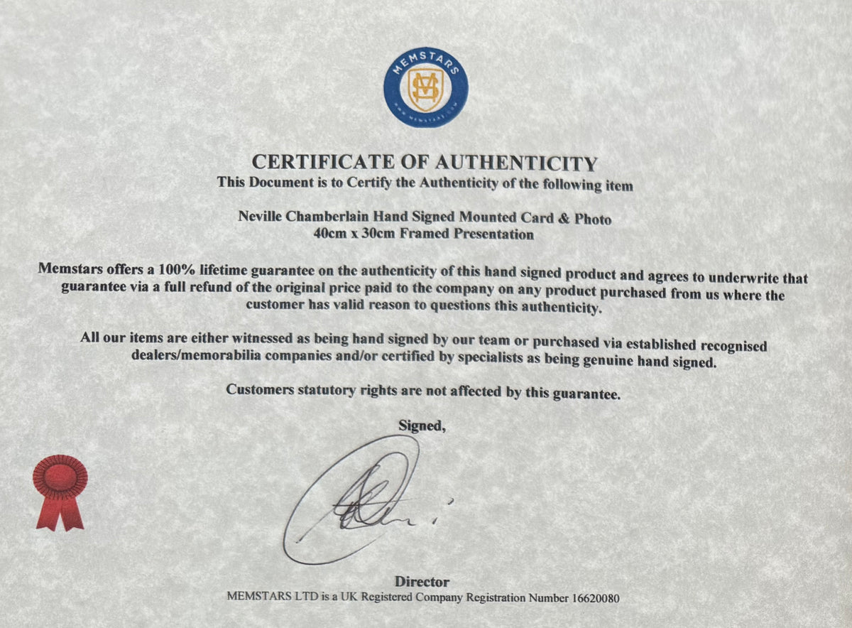 Neville Chamberlain, Former British Prime Minister, Hand Signed Card Presentation With COA