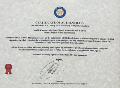 Neville Chamberlain, Former British Prime Minister, Hand Signed Card Presentation With COA