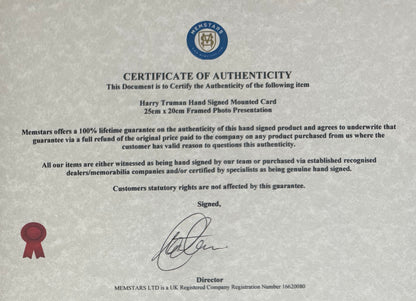Harry S. Truman, 33rd, American President, Hand Signed Card Presentation & COA
