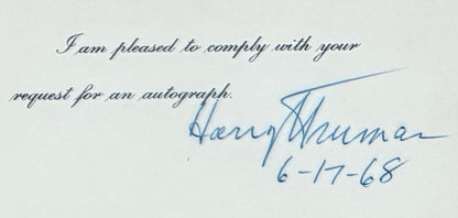 Harry S. Truman, 33rd, American President, Hand Signed Card Presentation & COA
