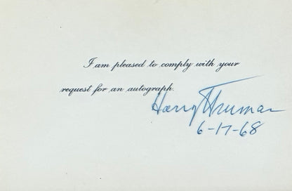 Harry S. Truman, 33rd, American President, Hand Signed Card Presentation & COA